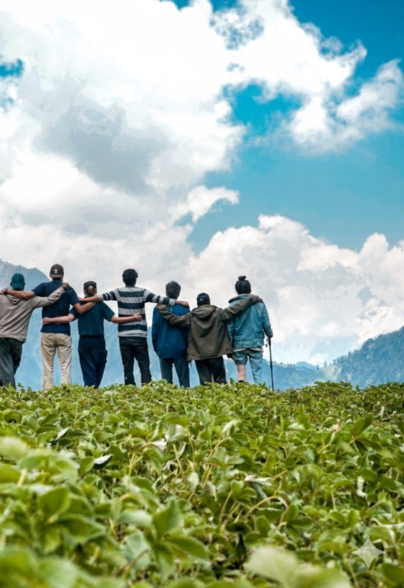 A group of friends looking out over the mountains at the end of a Traveloup trip